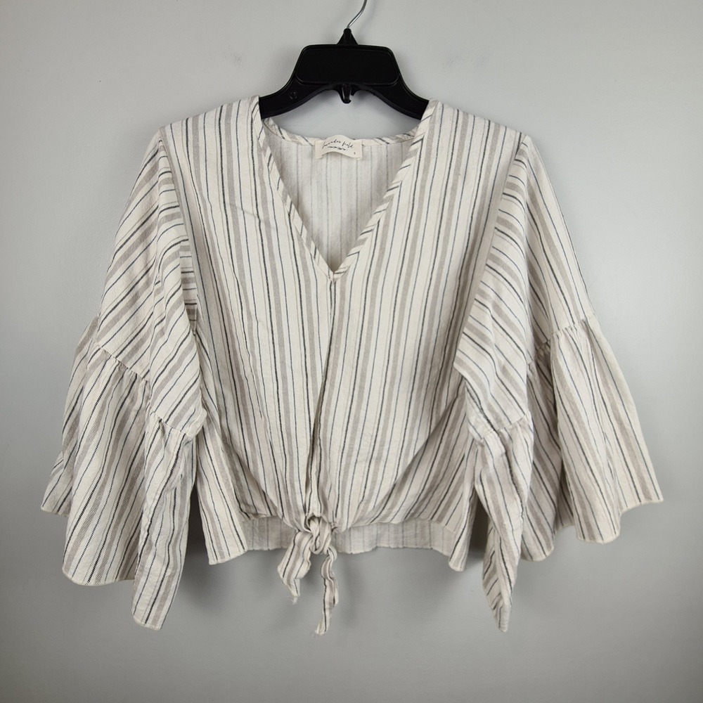 Lavender Field Women Small Striped Tie Front V-Neck Bell Sleeve Boho Blouse